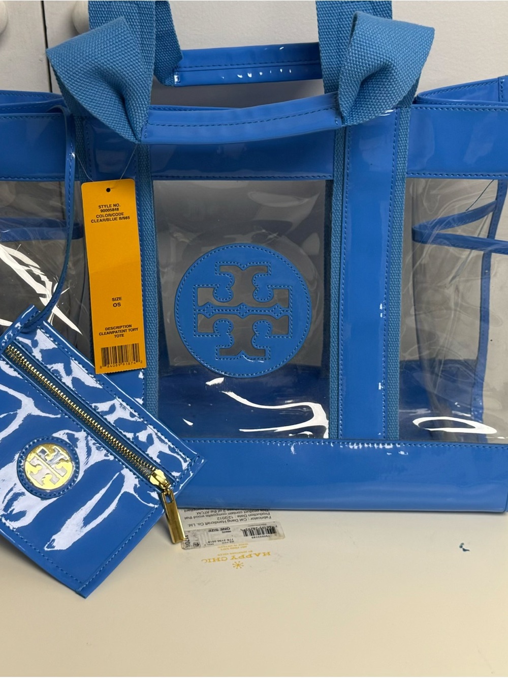 NWT Tory Burch Clear Patent Blue Stadium Tote & Zip Pouch